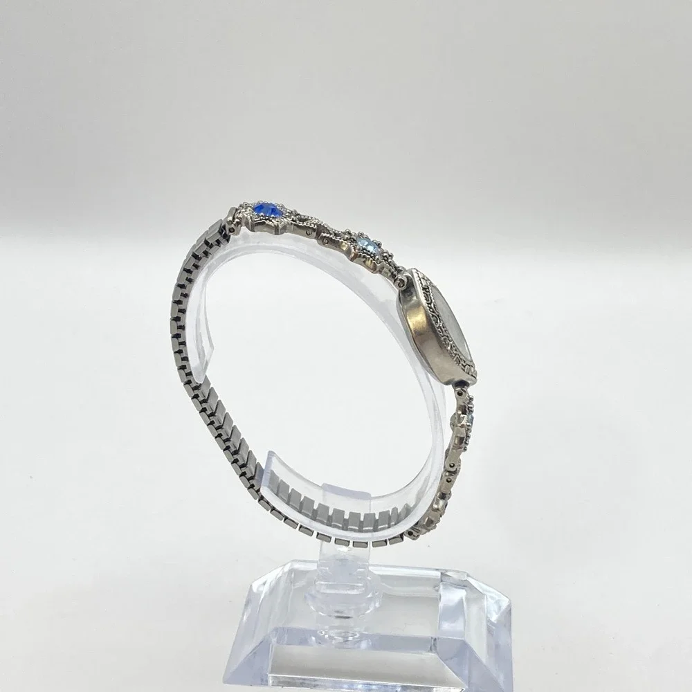 Vtg LA Express Women's Watch MISSING STONE Silver Tone Blue Crystals New Battery